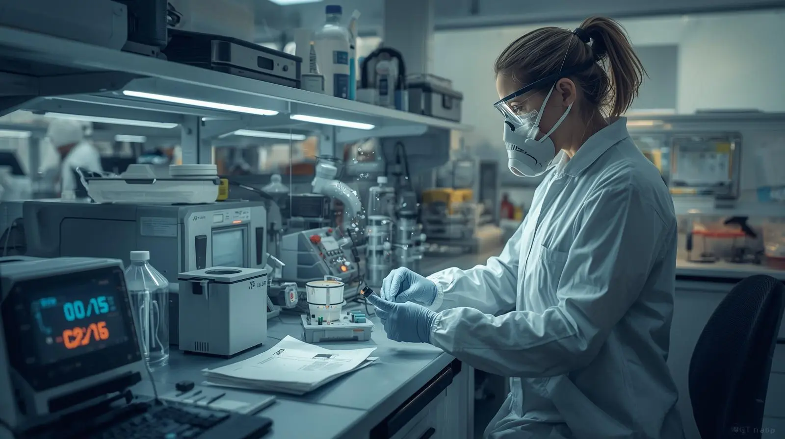 Photorealistic laboratory scene showing a technician performing Hexavalent Chromium [Cr(VI)] testing