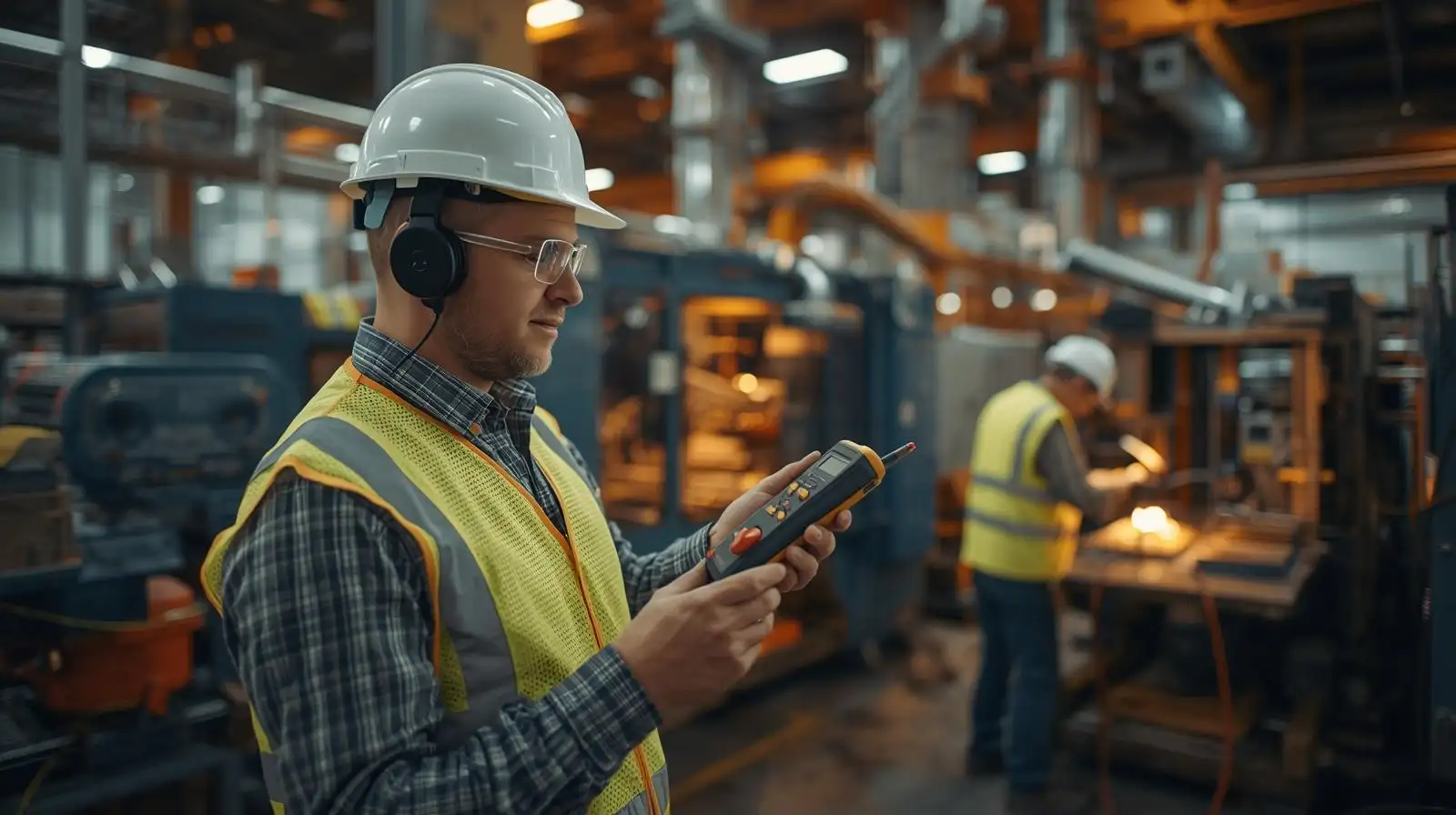 Industrial hygiene professional conducting occupational noise and heat stress exposure monitoring