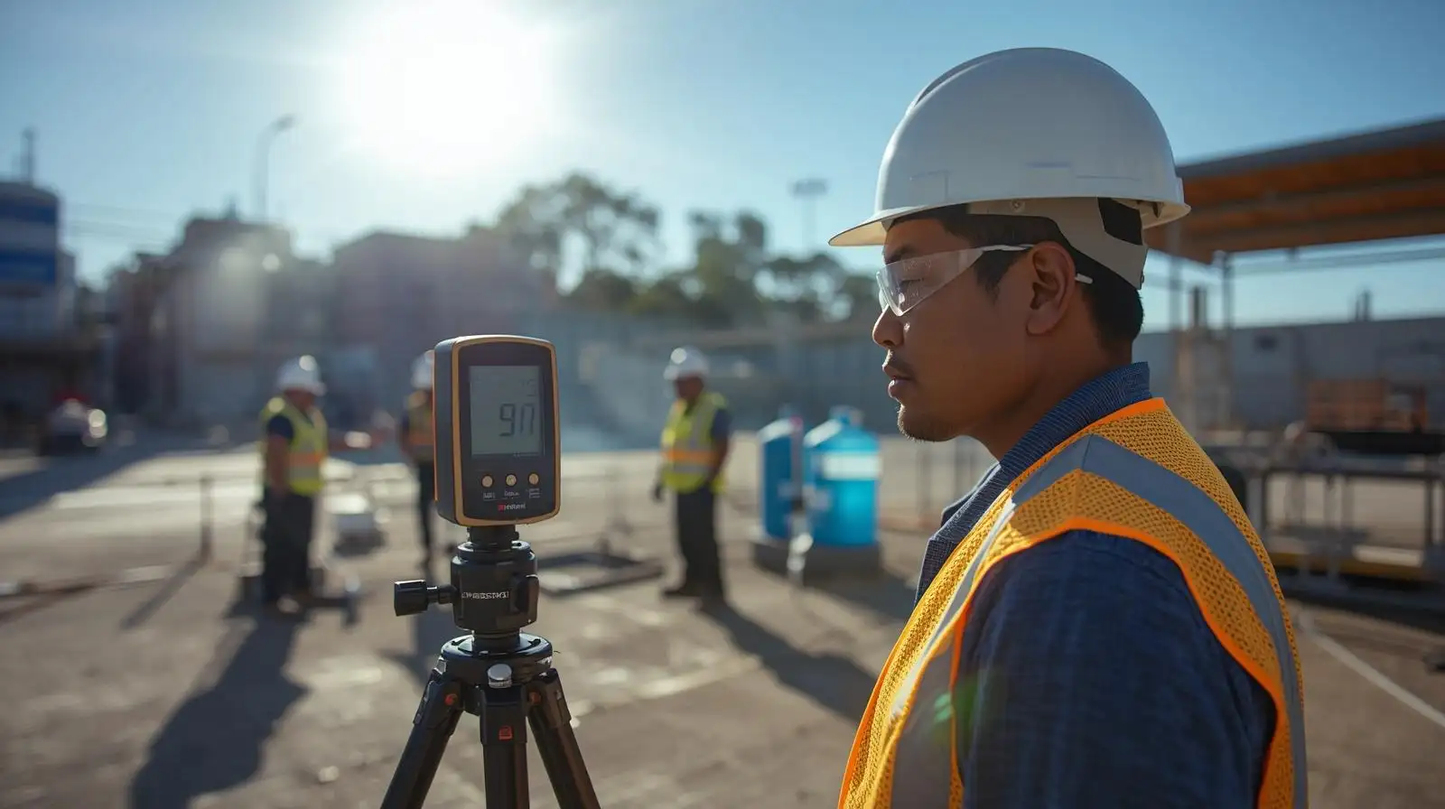 Industrial hygienist wearing a hard hat and safety vest monitoring workplace heat conditions with a WBGT heat stress meter on a tripod at an outdoor industrial site under strong sunlight