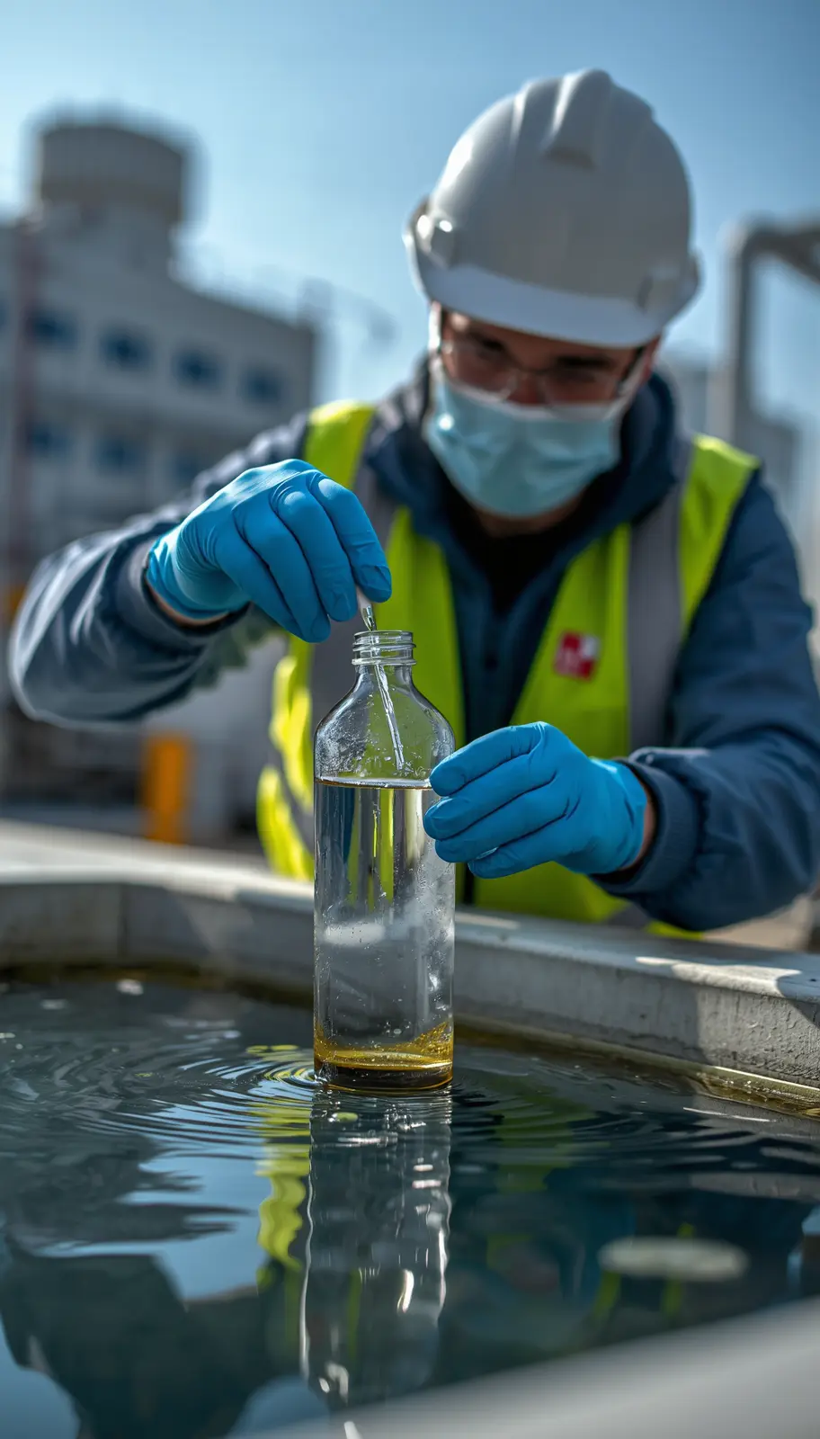 Industrial hygiene field sampling of water for Legionella testing — sterile bottle collection for culture analysis, CDC ELITE member laboratory Houston TX