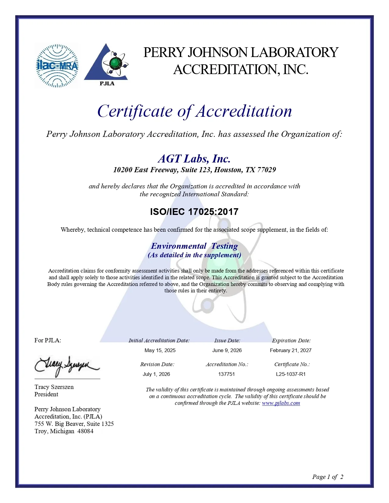 PJLA ISO/IEC 17025:2017 Certificate for asbestos PLM and PCM analysis, Accreditation No. 137751